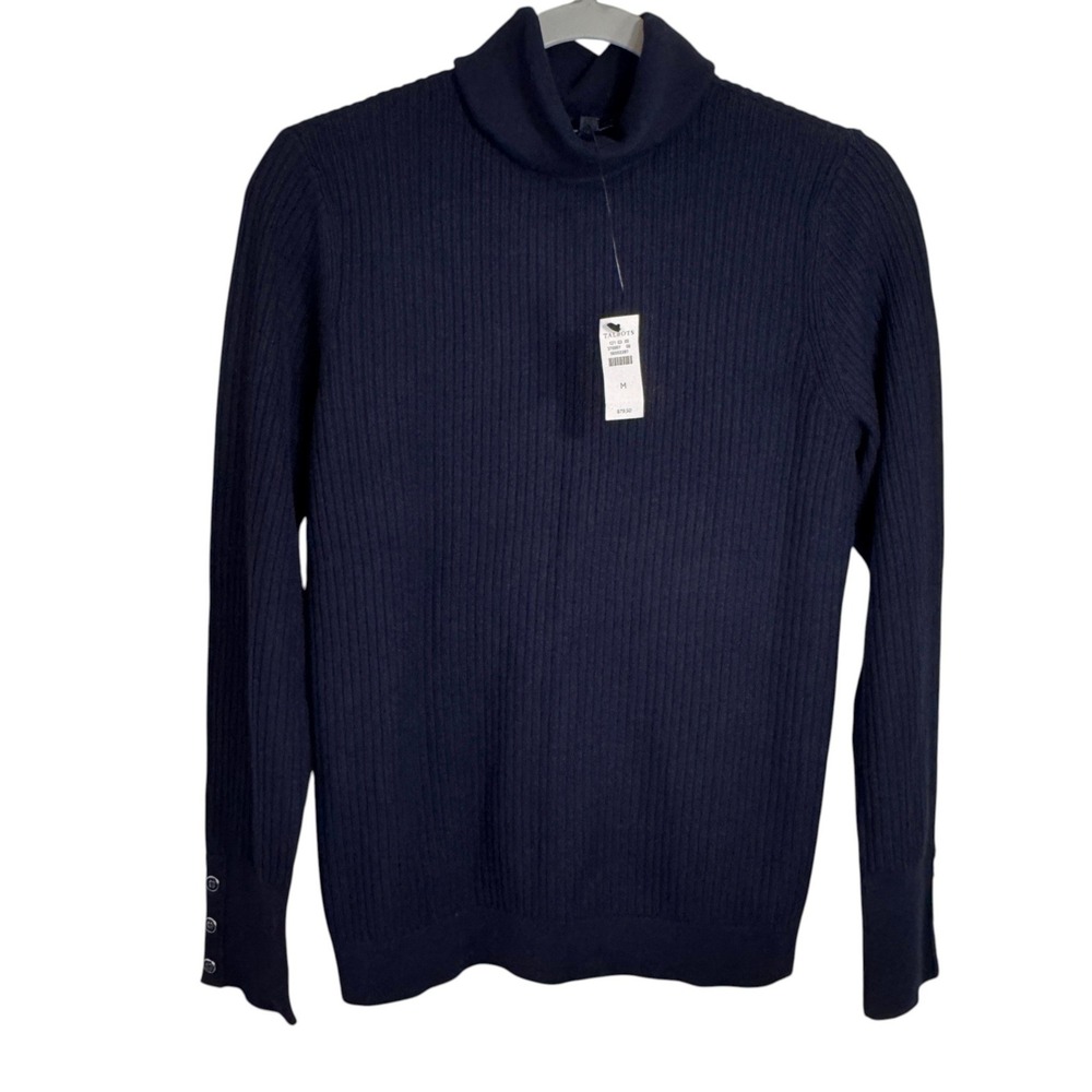 Talbots Navy Blue Ribbed Turtleneck Sweater Womens M Button Cuff Knit Top NWT